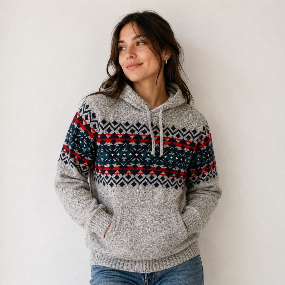 American Eagle Seriously Soft Womens Medium Grey Fair Isle Wool Blend Hoodie